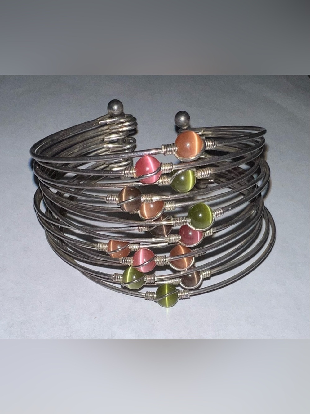 Multi-Strand Silver Tone Wire Cuff Bracelet Beads Accent